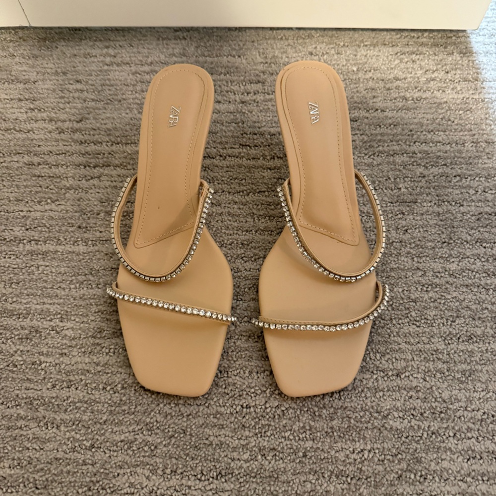Zara Tan Heels with Rhinestone Square-Toe